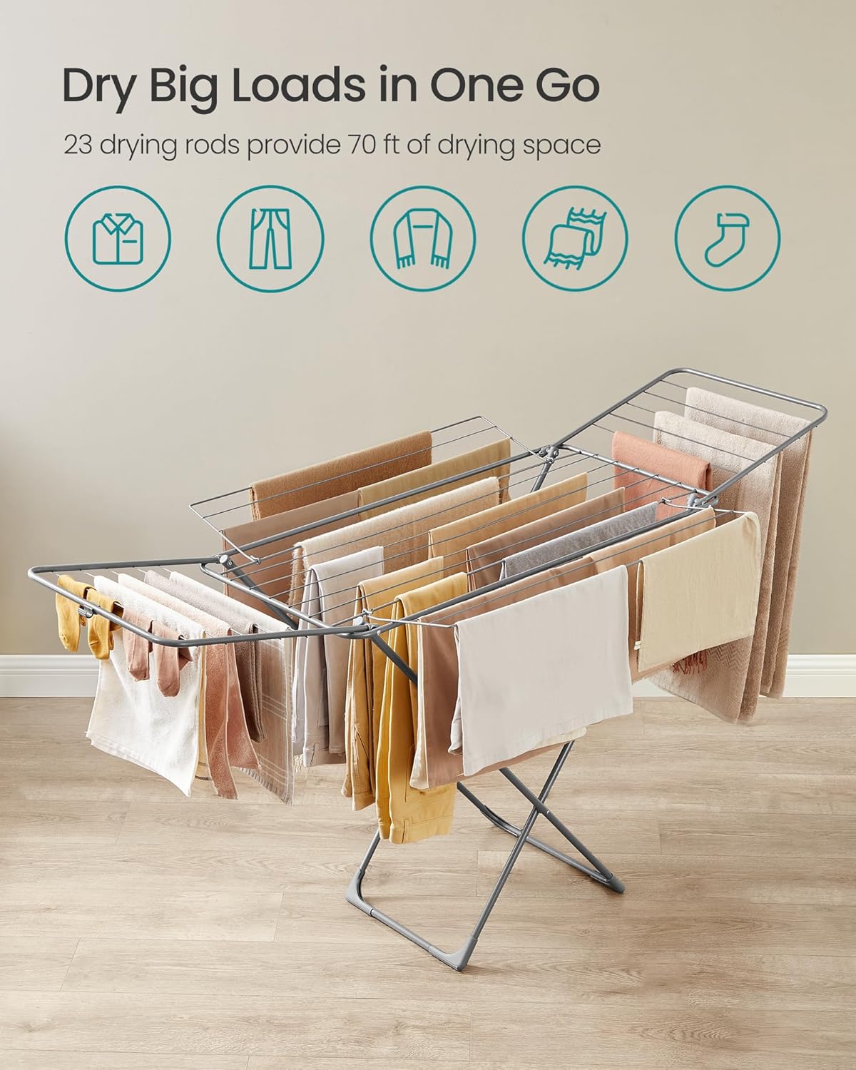 SONGMICS Clothes Drying Rack, Metal Laundry Drying Rack, Foldable, Space-Saving, Free-Standing Airer, with 4 Gullwings, Indoor Outdoor Use, Bed Linen Clothing, Gray ULLR541G01 - NestledHome