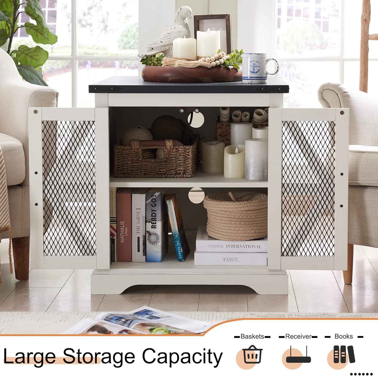 JXQTLINGMU Farmhouse End Table, 24" Large Sofa Side Table with Charging Station, Mesh Barn Door, and Adjustable Storage Shelf, Rustic Wood Square Nightstand for Living Room, Bedroom, Office, White (사본) (사본)