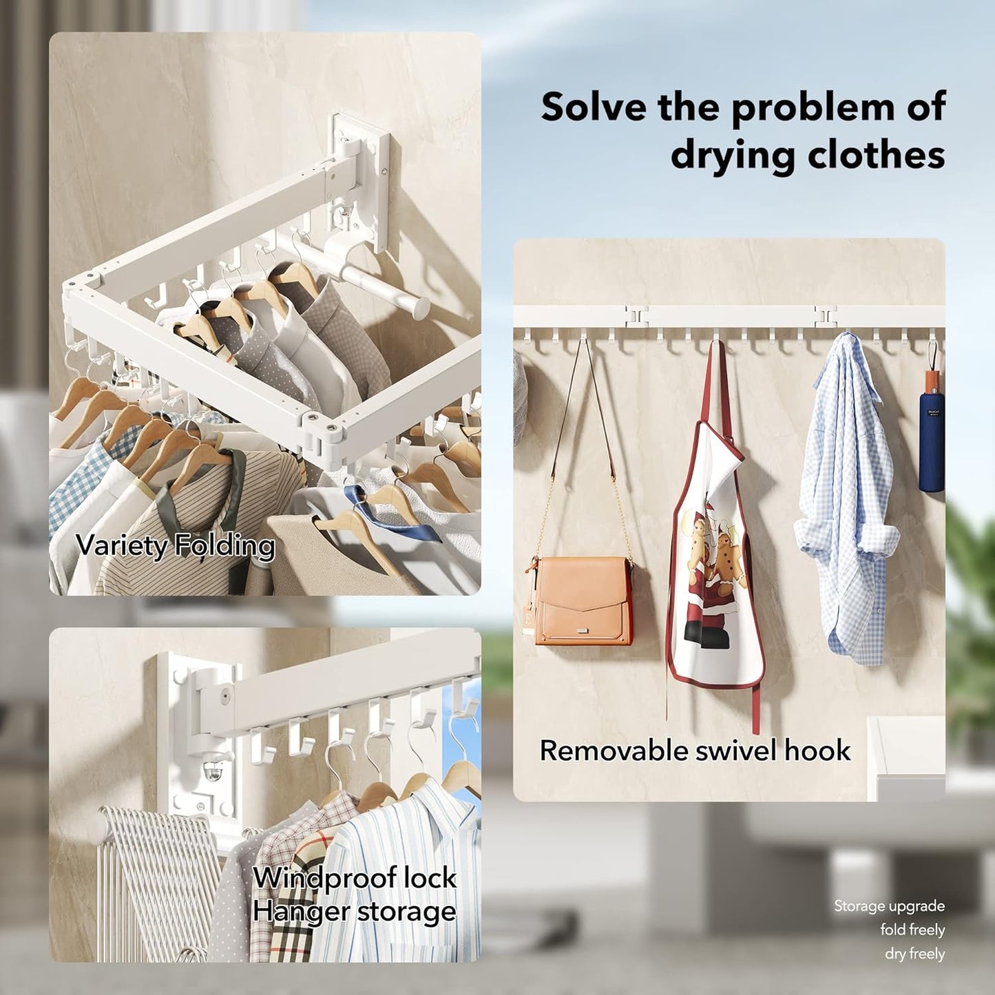 Wall Mounted Clothes Hanger Rack, Clothes Drying Rack,Laundry Drying Rack,Collapsible Clothes Rack Wall Mount, Retractable Drying Rack Clothing,can Fold Upward & Left & Right,White Color - NestledHome
