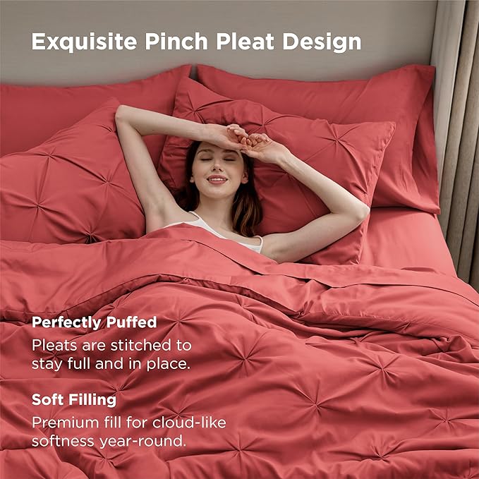 Bedsure Full Comforter Set Coral Red - Bed in a Bag Full Size Bedding Set 7 Pieces, GentleSoft™ Pintuck Bed Set Gift for Family, Pinch Pleat All Season Comforter with Sheets, Pillowcases & Shams