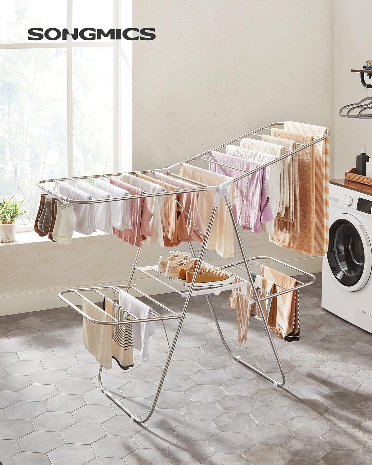 SONGMICS Clothes Drying Rack, Foldable 2-Level Laundry Drying Rack, Free-Standing Laundry Airer, with Height-Adjustable Wings, 33 Drying Rails, Sock Clips, Silver and White ULLR053W01V1 - NestledHome