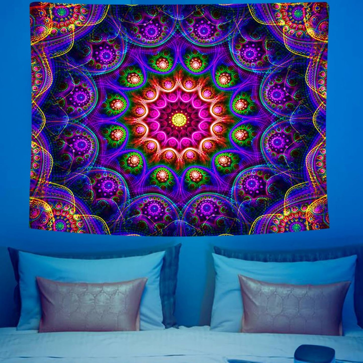 Blacklight Trippy Mandala Tapestry, Boho Black Light Posters for Adults UV Reactive Room Decor for Bedroom Wall (80 x 60 Inches)