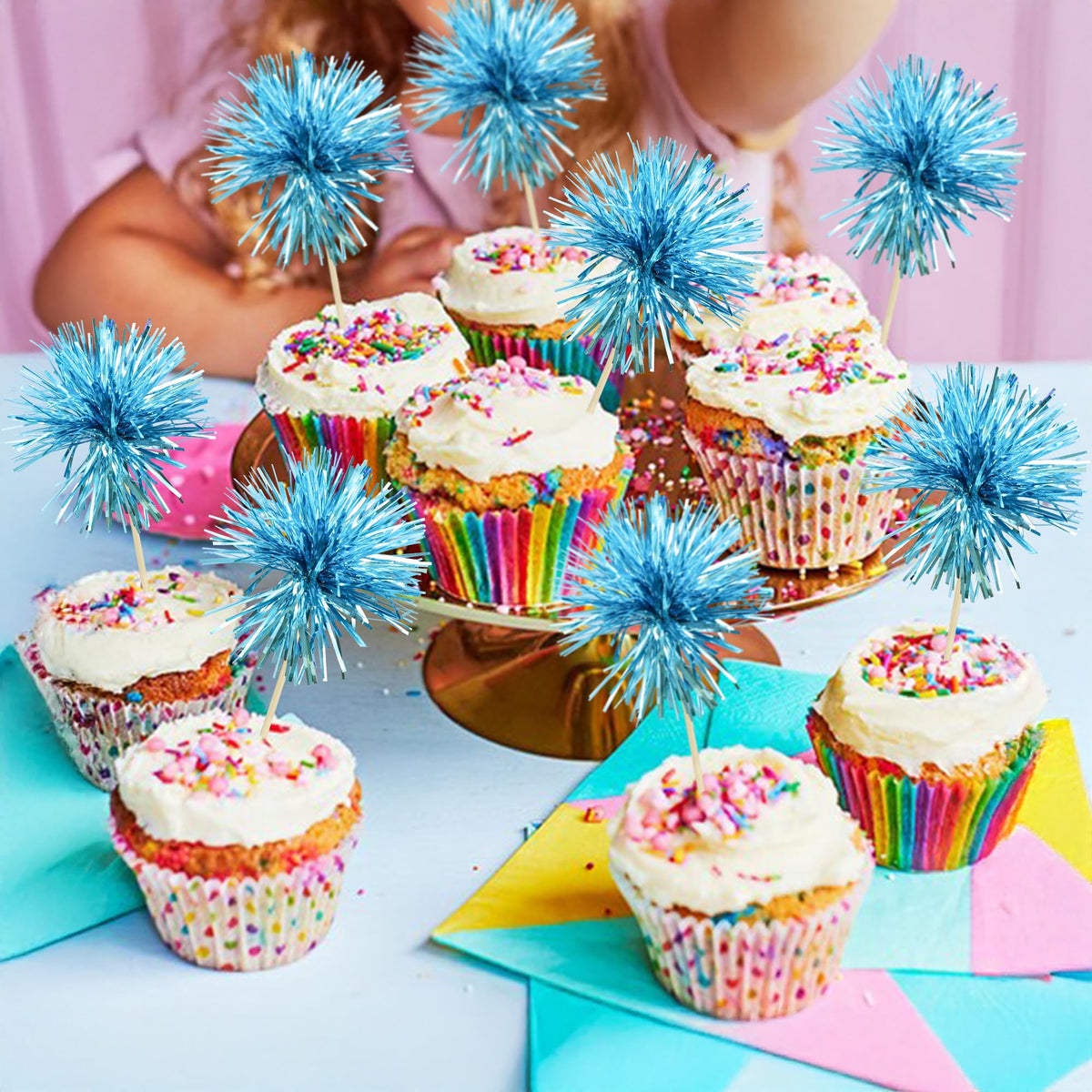 30Pcs Foil Firework Cupcake Toppers Sparkle Tinsel Cupcake Picks Happy Birthday Cake Toppers Drink Stirrers Cocktail Food Toothpicks for Baby Shower Birthday Party Supplies Lake Blue (30 Count)