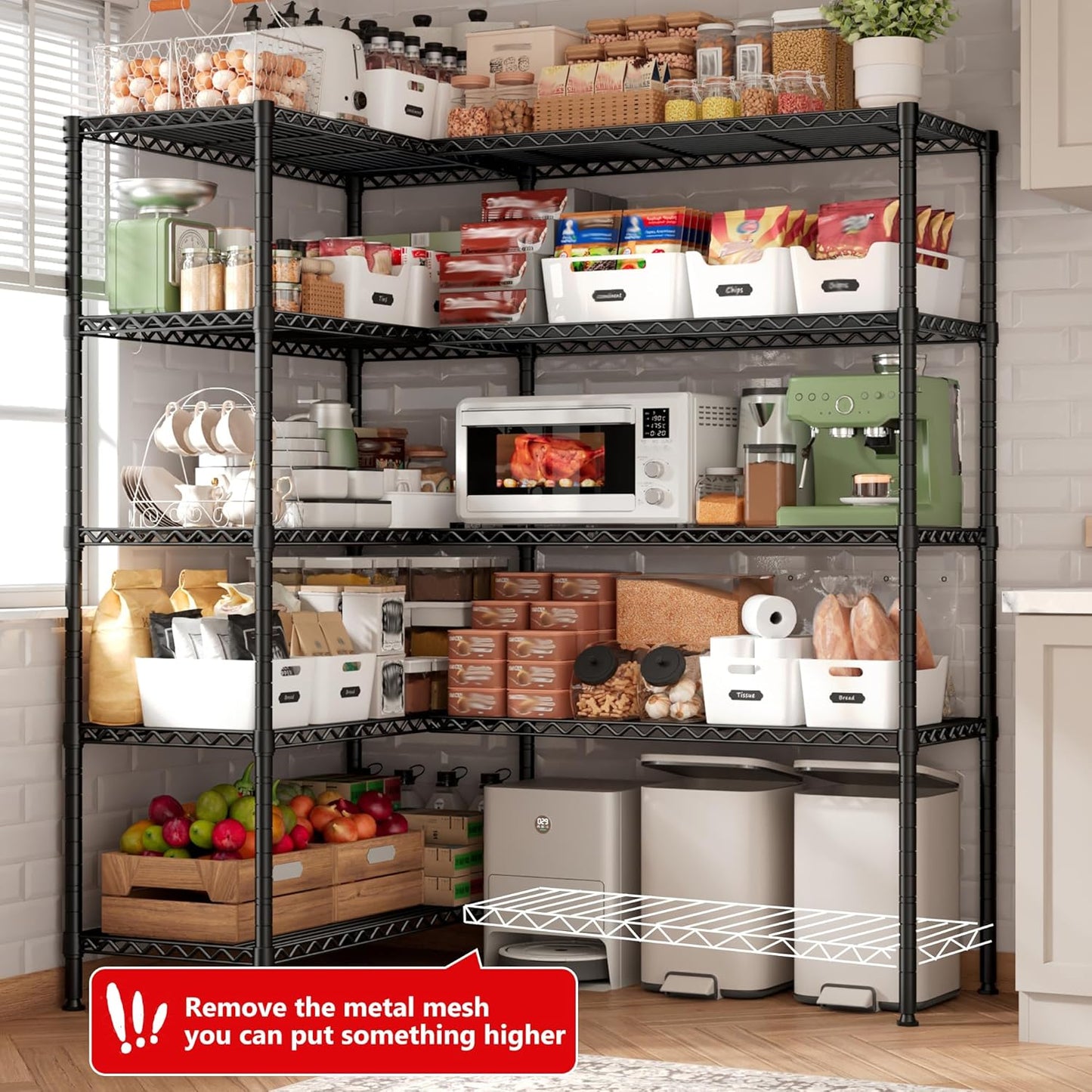 REIBII 5-Tier Heavy Duty Metal Wire Shelves, Industrial Style, 61.7"W x 72.4"H x 15.8"D, 1500 LBS Capacity, Adjustable, Rust Resistant, 2 Pack - NestledHome