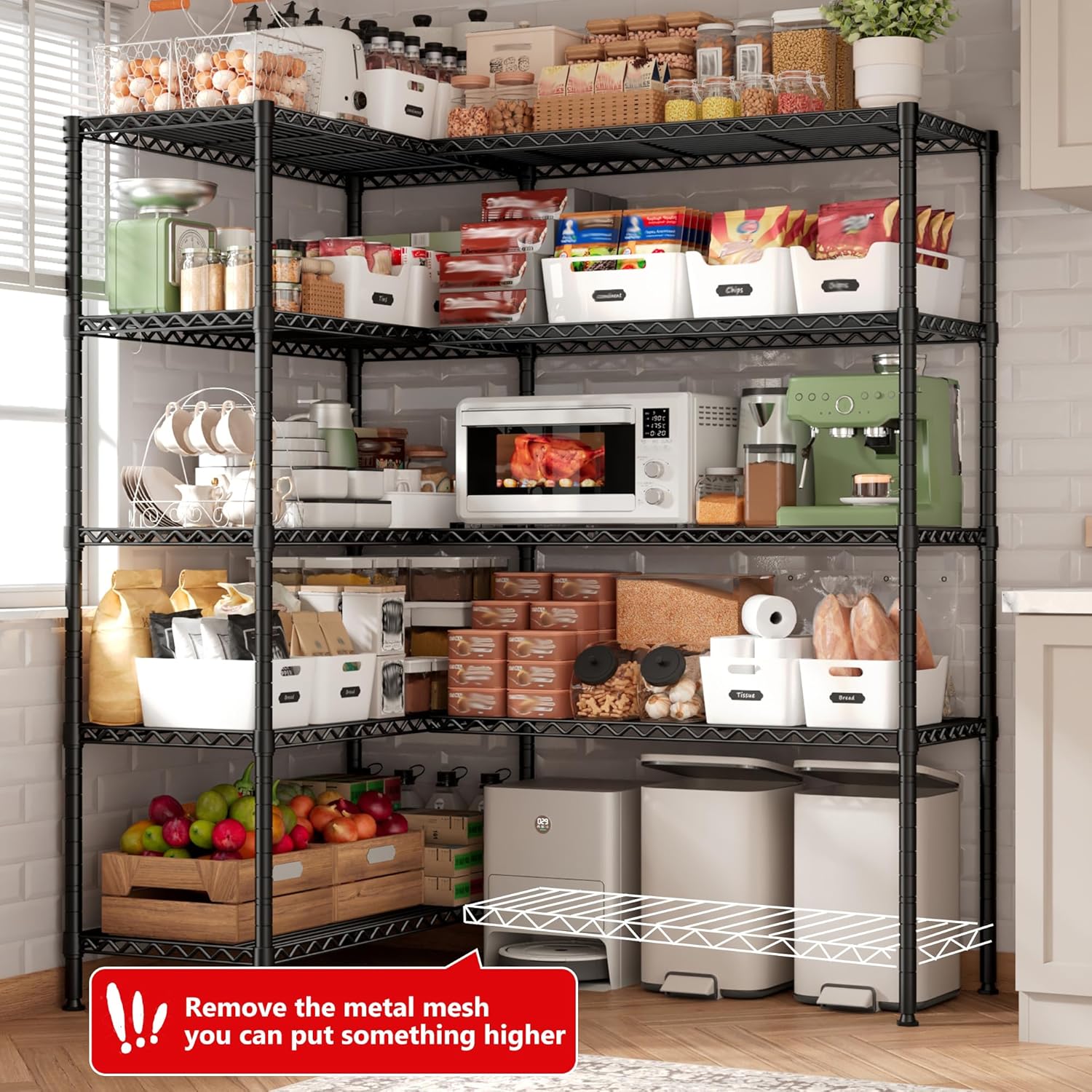REIBII 5-Tier Heavy Duty Metal Wire Shelves, Industrial Style, 61.7"W x 72.4"H x 15.8"D, 1500 LBS Capacity, Adjustable, Rust Resistant, 2 Pack - NestledHome