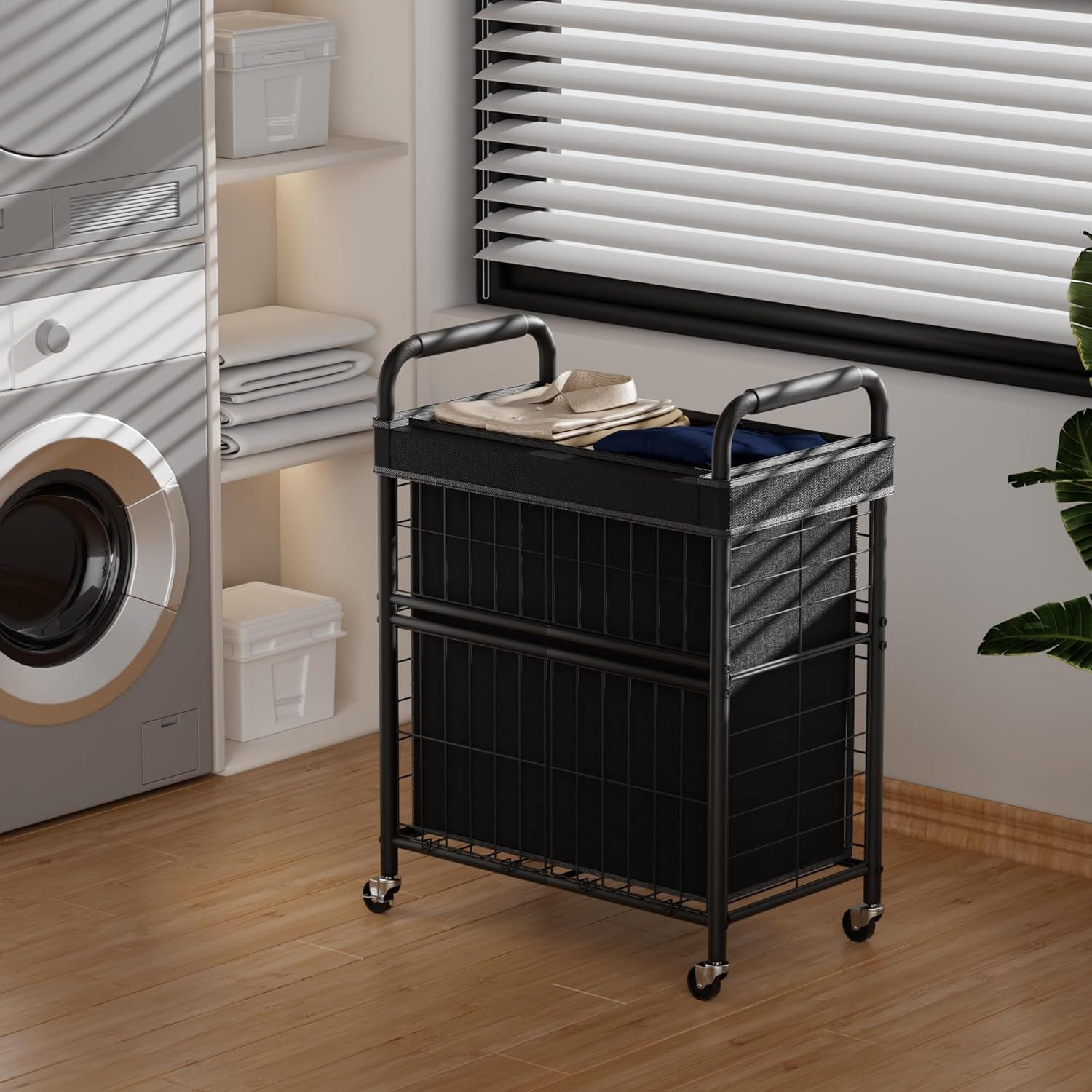 Laundry Hamper 2 Section, 110L Rolling Laundry Sorter Basket with Wheels, 2 Compartment Clothes Organizer Cart, Pull-Out Removable Bags for Laundry Room, Bathroom, Bedroom, Black - NestledHome