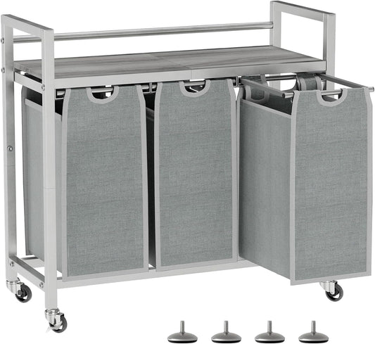 Laundry Hamper, Laundry Basket, Laundry Sorter with 3 Removable Bags, Clothes Basket with 3 Compartments, Wheels, Shelf for Laundry Room Bathroom Bedroom (3 Bags-Gray) - NestledHome