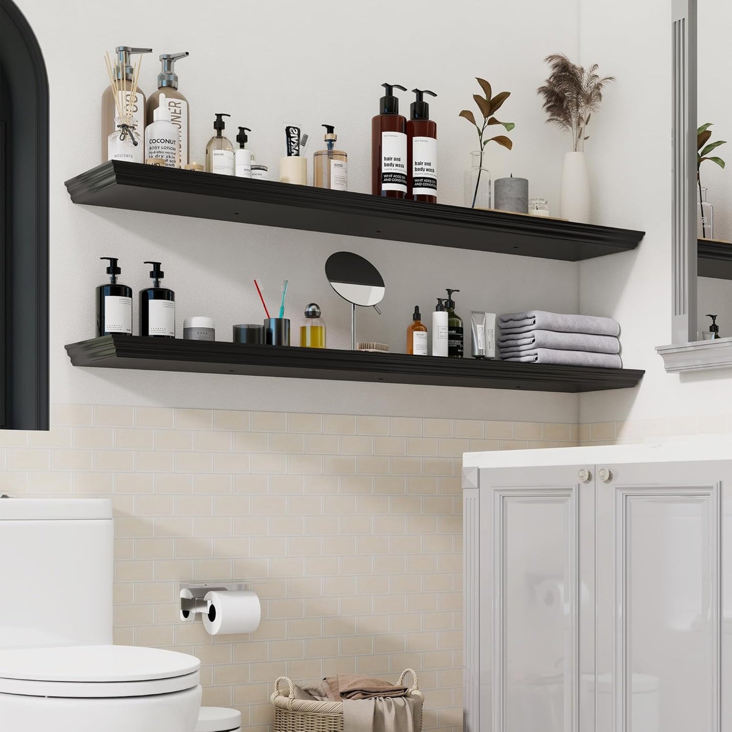 Floating Shelves for Wall, 55 Inch Long Wall Mounted Black Hanging Shelf for Kitchen, Living Room, Office, Bedroom, Bathroom, Retro Vintage Wood Bookshelf for House Decor - NestledHome