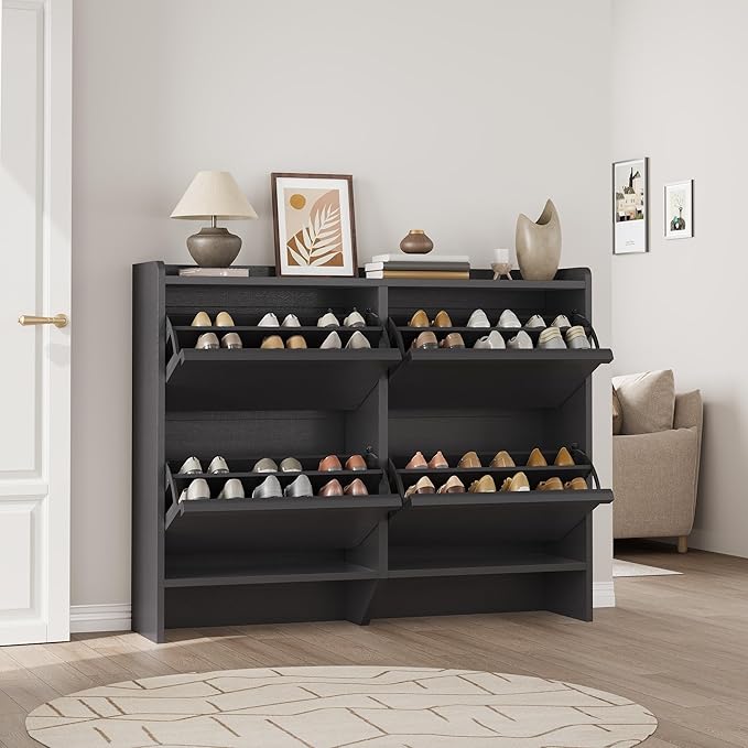 GarveeHome Shoe Cabinet with 4 Flip Drawers, Wooden Shoe Organizer Cabinet with Adjustable Shelf, Shoe Storage for Entryway, Hidden Shoe Cabinet for Hallway, Living Room, Black