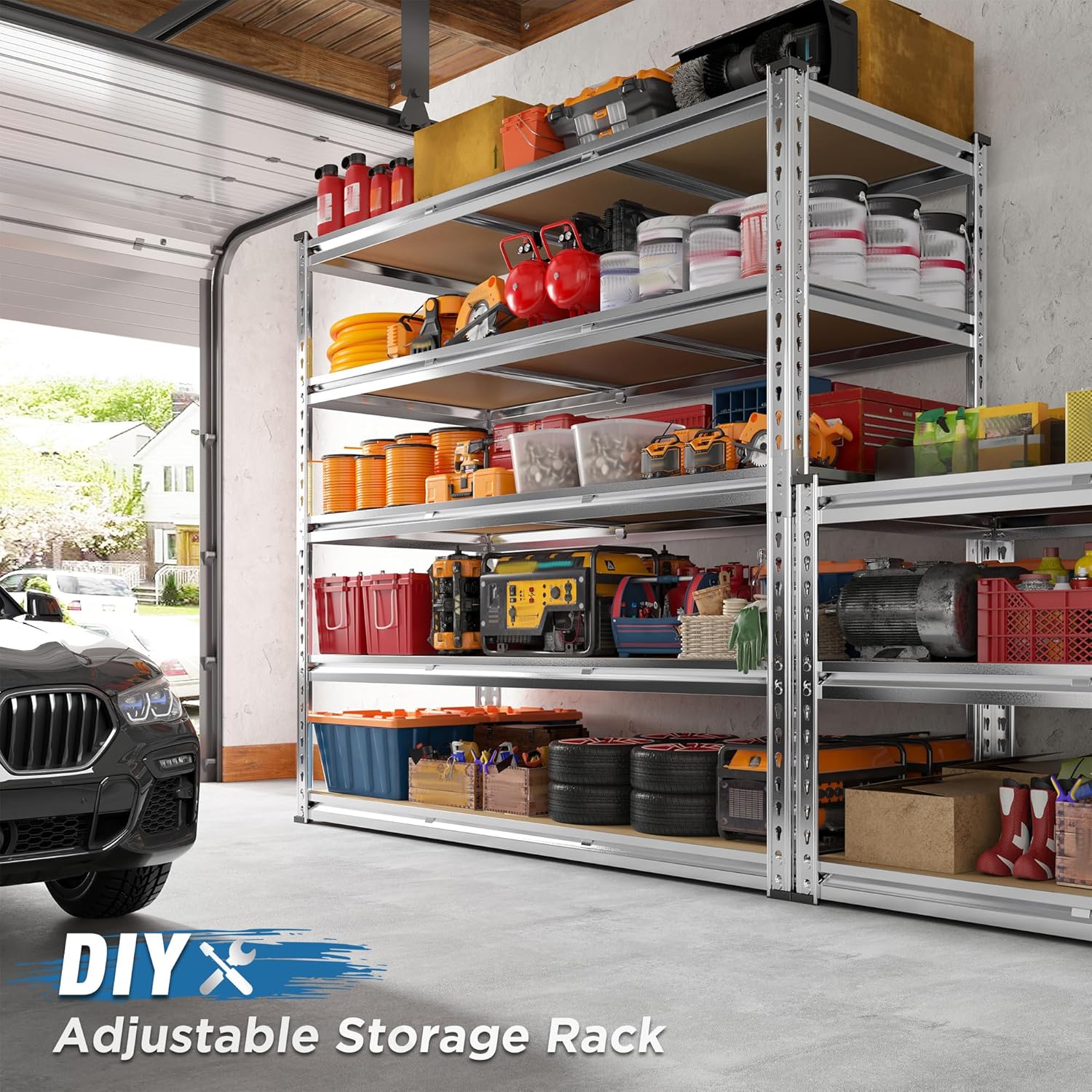REIBII Garage Shelving, 5 Tier Storage Shelves Load 3000LBS, Adjustable Garage Shelving Heavy Duty, Metal Shelves Unit for Basement, Warehouse, 48" W x 72" H x 18" D, Galvanized - NestledHome