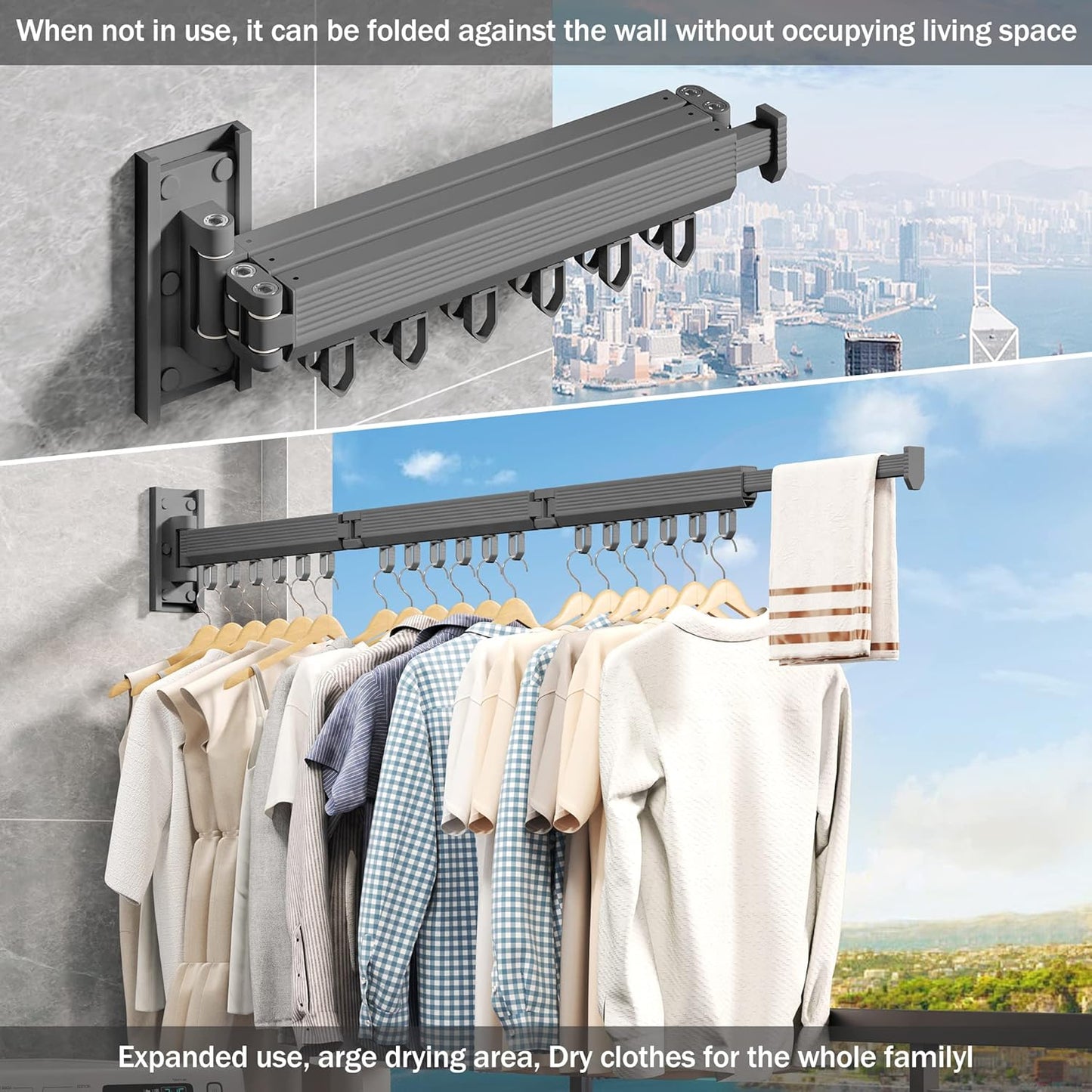 Wall Mounted Clothes Drying Rack - Foldable, Retractable Laundry Hanger with Grey-Rings - NestledHome