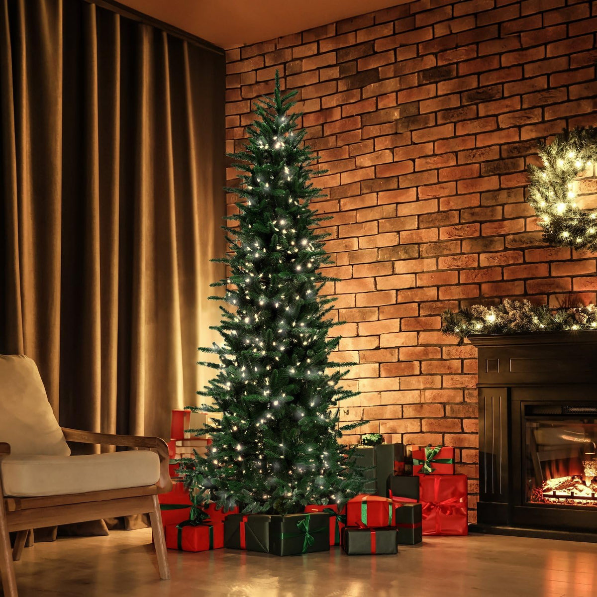 6.5 Ft. Carmel Pine Slim Artificial Christmas Tree with White Incandescent Smart Lights and Stand
