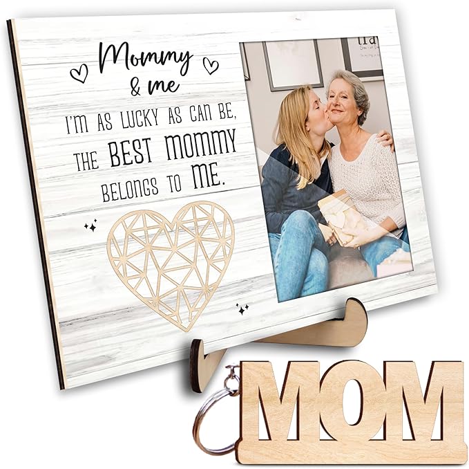 4x6 Covered Mommy and Me Picture Frame Portrait with Keychain, I'm as Lucky as Can Be Wooden Photo Plaque Appreciation Mothers Day Birthday Gifts for New Mom Grandma Nana from Son Daughter HU-FR323