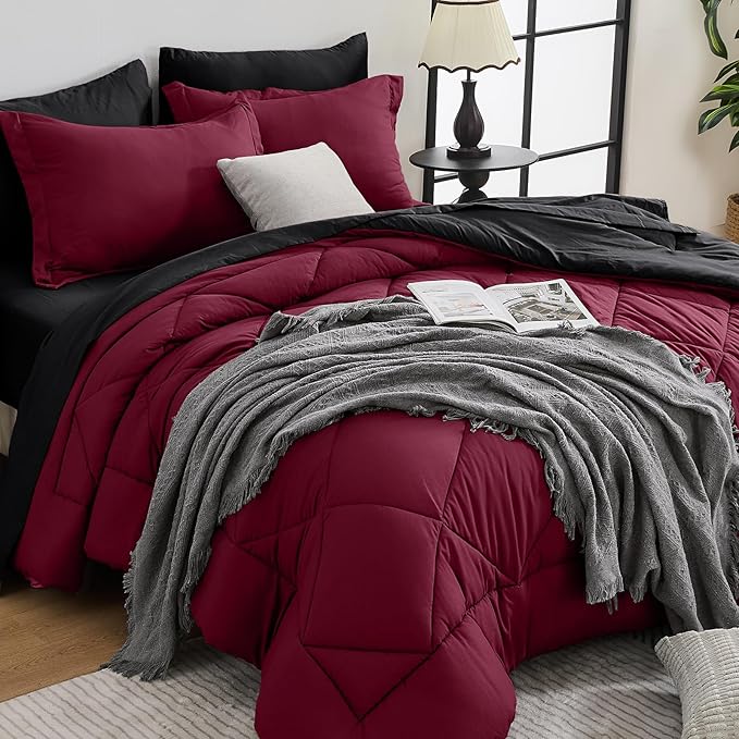 HEVUMYI Red & Black King Comforter Set - 7-Piece All Season Bed in a Bag King, Ultra Soft Burgundy Bedding Set with Comforter, Flat Sheet, Fitted Sheet, Pillowcases, Pillow Shams, Burgundy Red & Black