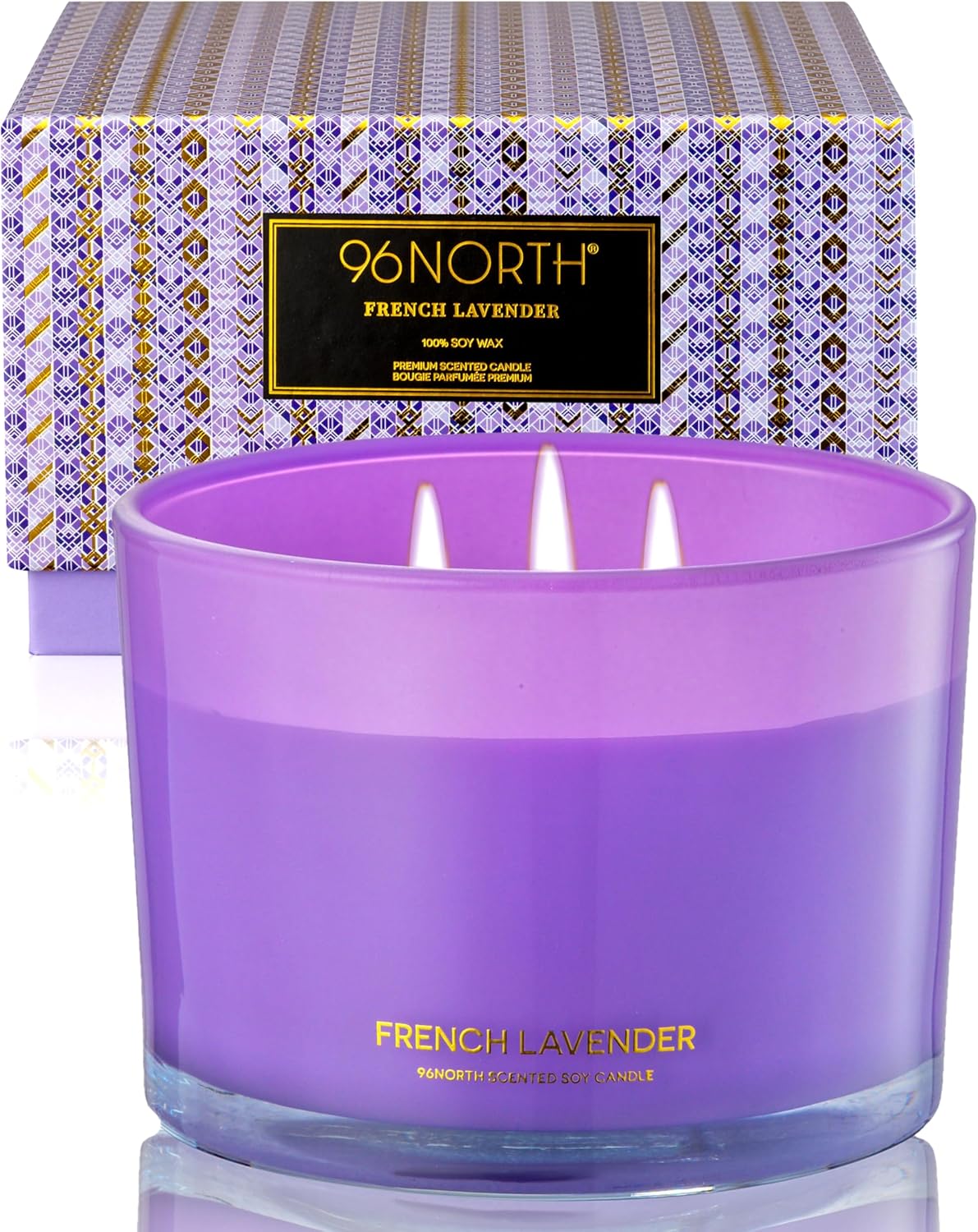 96NORTH Luxury Lavender Soy Candle | Large 3 Wick Jar Candle | Up to 50 Hours Burning Time | 100% Natural Soy Wax | Relaxing Aromatherapy Aesthetic Candle | Housewarming Gift for Women and Men - NestledHome