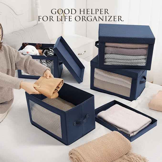Foldable Storage Boxes with Lids - Decorative Storage Boxes with Clear Window, Fabric Storage Baskets for Organizing, Closet Storage for Clothes, Yarn, Home, Navy Blue, 4-Pack