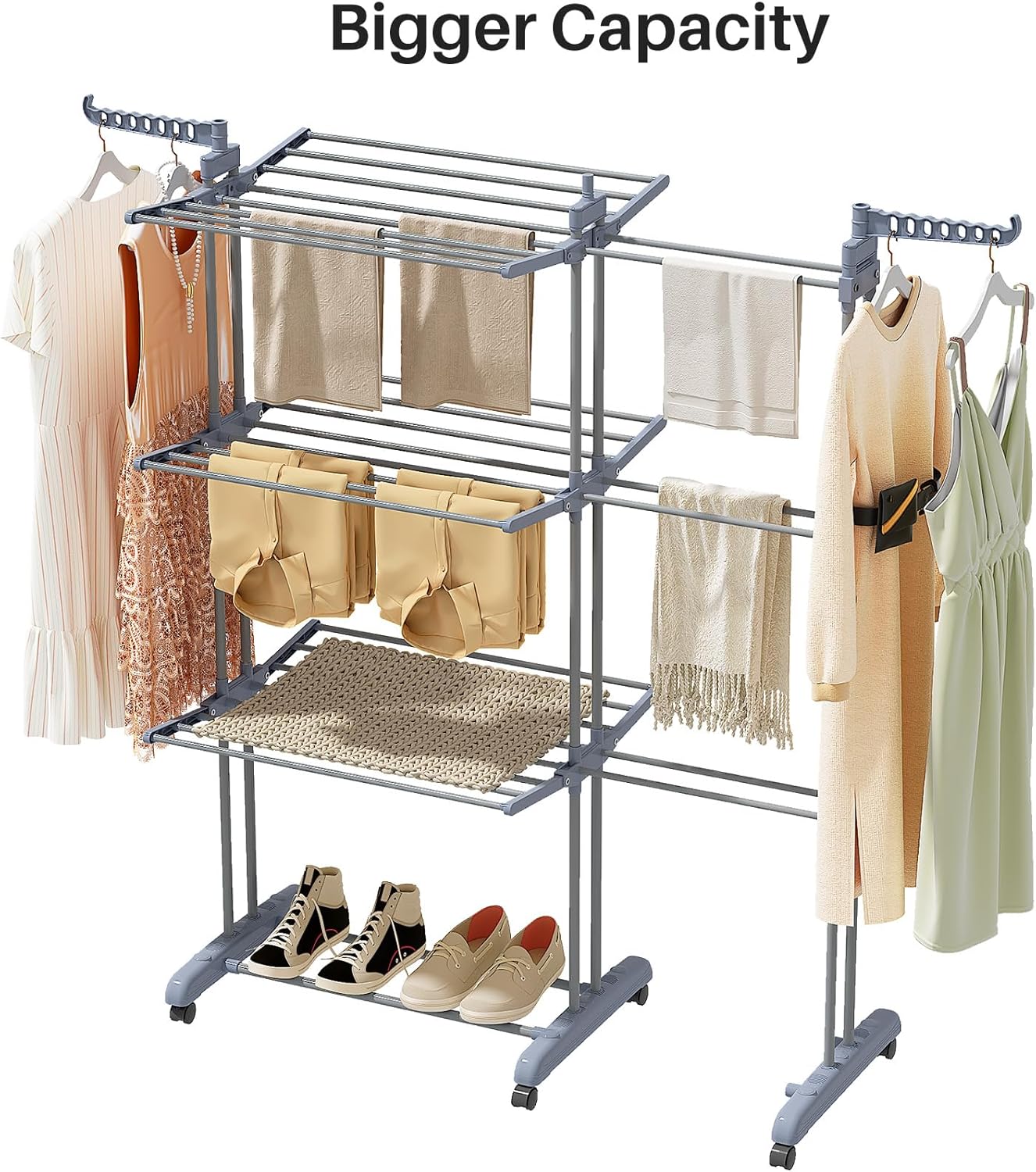 Kitstorack Clothes Drying Rack - Foldable Movable Clothes Rack Drying 30.0" W to 59.0" W Extensible Drying Rack Clothing Oversized 4-Tier Stainless Steel Large Clothes Rack Drying Indoor and Outdoor - NestledHome