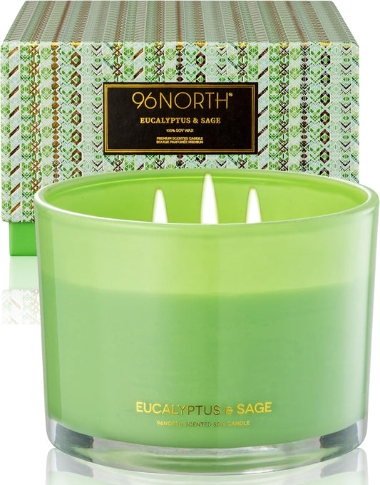 96NORTH Luxury Eucalyptus & Sage Soy Candle | Large 3 Wick Jar Candle | Up to 50 Hours Burning Time | 100% Natural Soy Wax | Housewarming Gift for Men and Women - NestledHome