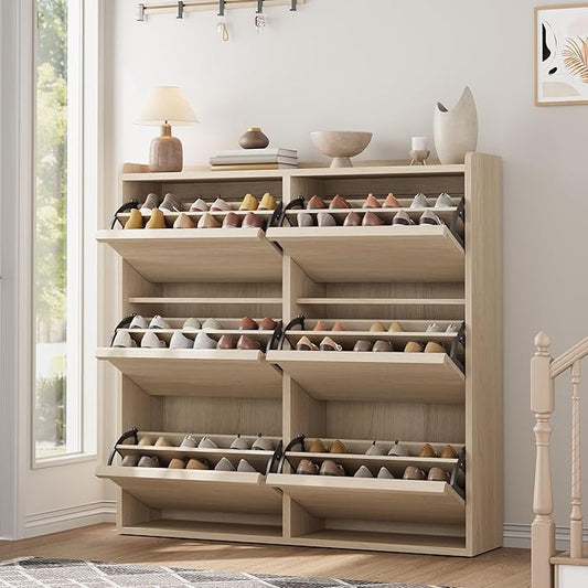 GarveeHome Shoe Cabinet with 6 Flip Drawers, Wooden Shoe Organizer Cabinet with Adjustable Shelf, Shoe Storage for Entryway, Hidden Shoe Cabinet for Hallway, Living Room, Natural Oak