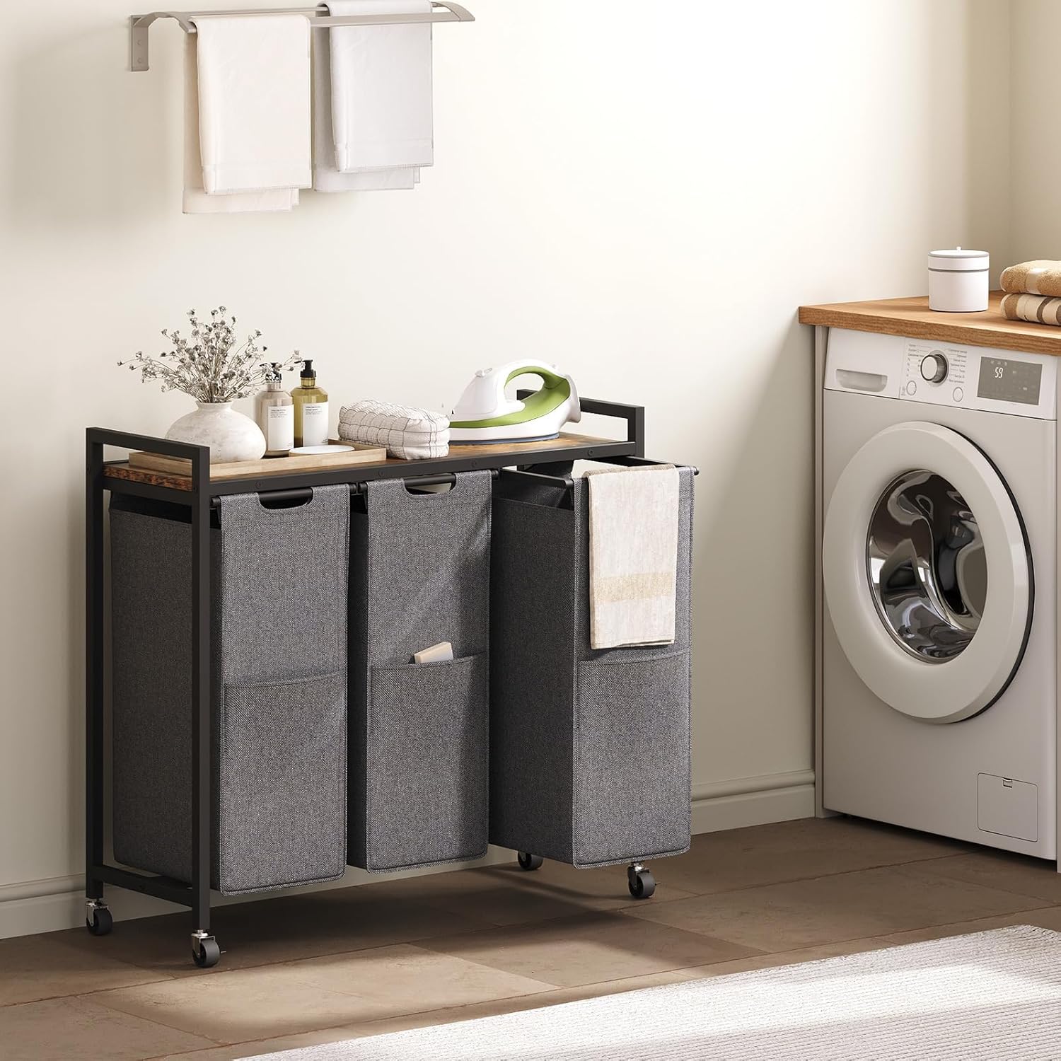 HOOBRO Laundry Sorter 3 Section, Laundry Hamper with Wheels, 3 × 11.5 Gal (43.4L), Rolling Laundry Basket, Pull-Out and Removable Oxford Fabric Laundry Bags, Rustic Brown and Grey BFG76XY01 - NestledHome