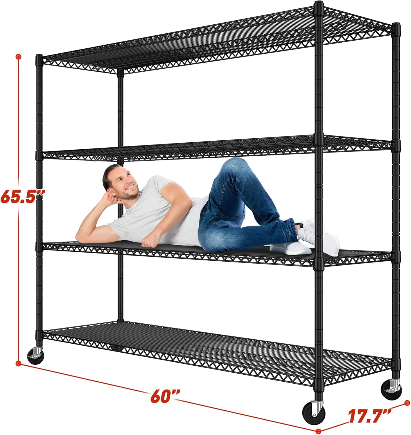 REIBII 60''W Storage Shelves 2399LBS Metal Shelving Unit with Wheels & Feet, 4 Tier Garage Shelving Heavy Duty Adjustable Wire Shelf for Pantry Kitchen Garage, 60" W x 18" D x 65.5" H, 2 Pack - NestledHome