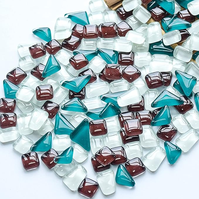 Mosaic Tiles for Crafts Assorted Color Glass Glitter Mosaic Supplies Pieces Bulk Square Square Triangle Rectangle Irregular Size, 200g (Deep Red Green White Mix)
