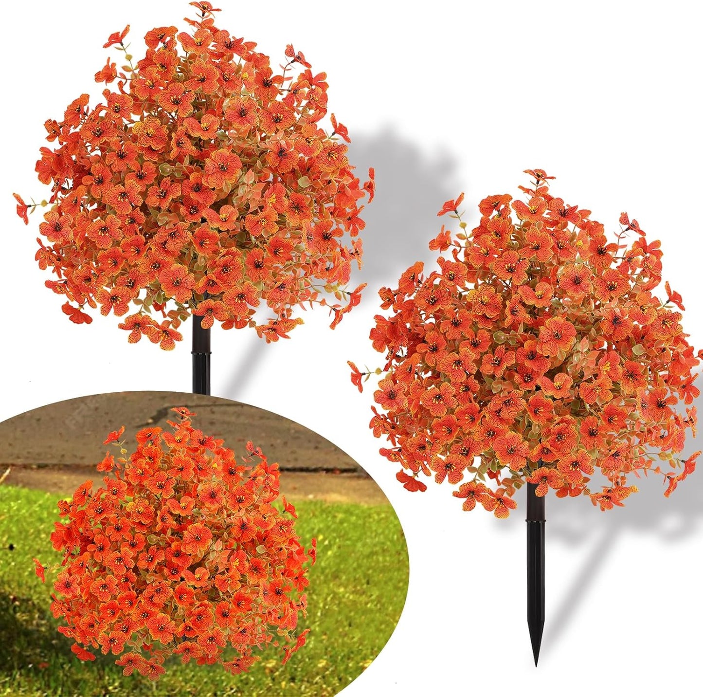 Set of 2 Artificial Fall Topiary Ball Flowers for Outdoor Decoration with Spike 20", UV Resistant Fake Autumn Floral Shrubs, Realistic Faux Bushes Plants for Garden,Yard,Porch and Patio Decor