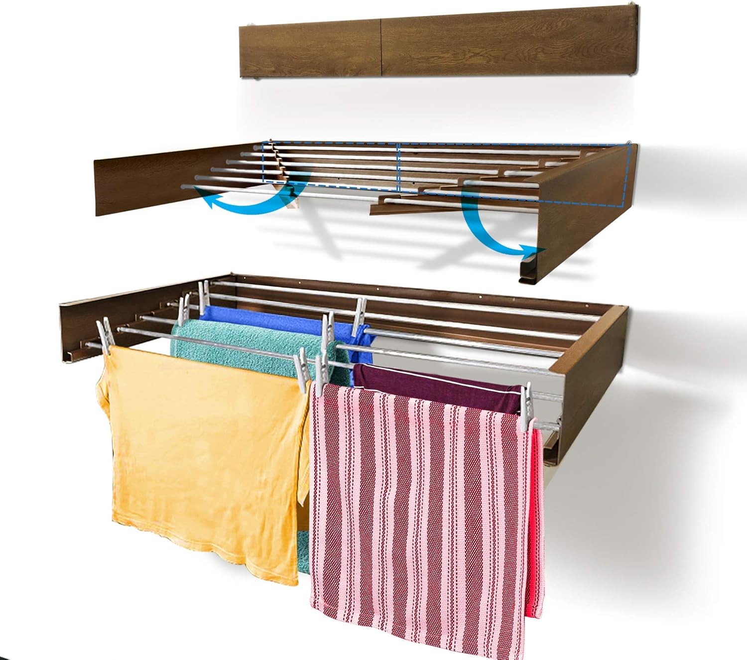 Step Up Laundry Drying Rack (40-INCH Wide - Wood-Look), Wall Mounted, Retractable Clothes Drying Rack, 60lbs Capacity, 20 Linear Ft, with Wall Template and Long Screwdriver Bit - NestledHome