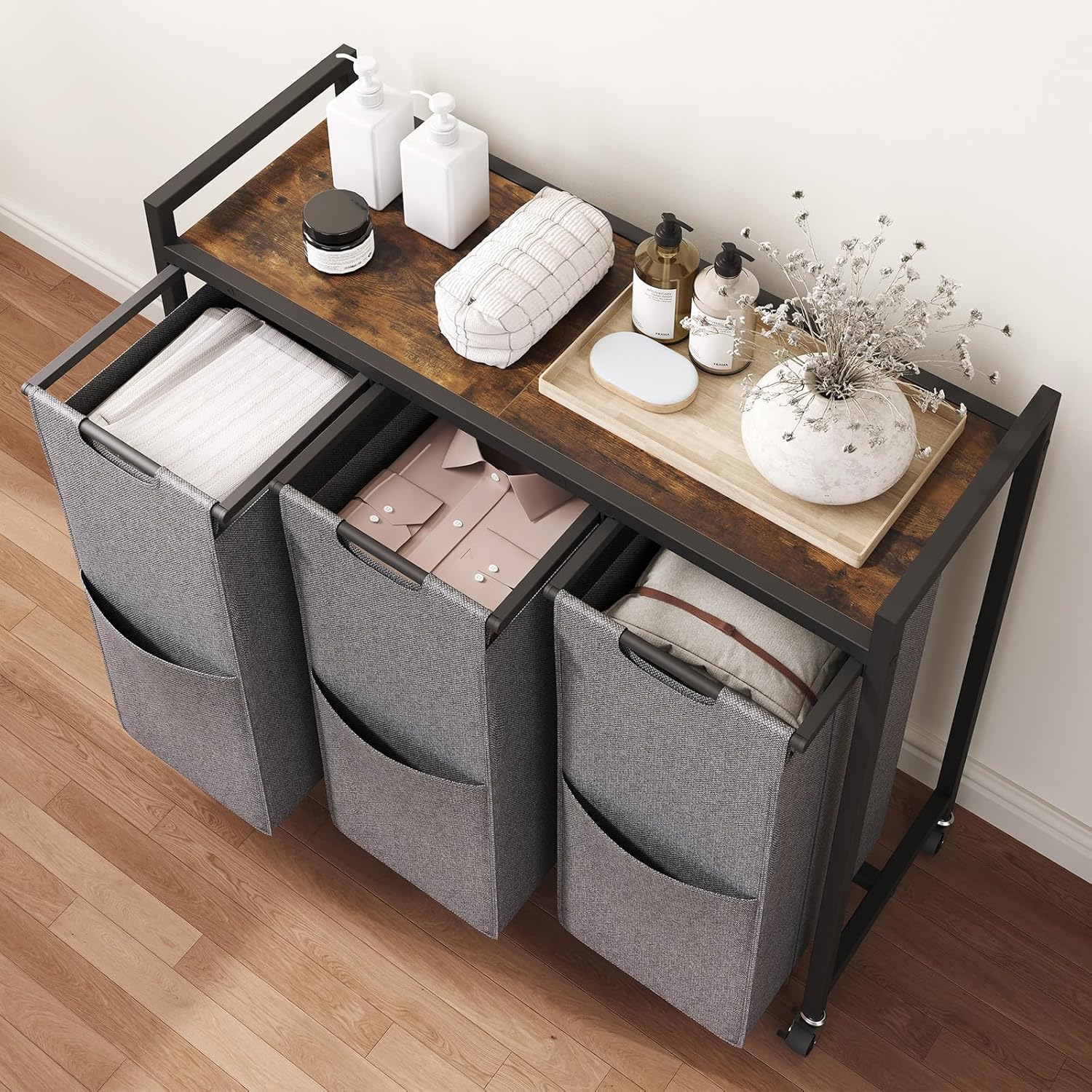 HOOBRO Laundry Sorter 3 Section, Laundry Hamper with Wheels, 3 × 11.5 Gal (43.4L), Rolling Laundry Basket, Pull-Out and Removable Oxford Fabric Laundry Bags, Rustic Brown and Grey BFG76XY01 - NestledHome