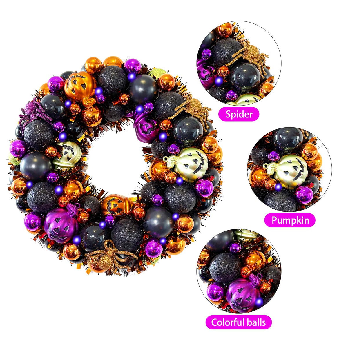 13.8 Inch Halloween Ball Wreath for Front Door with Lights