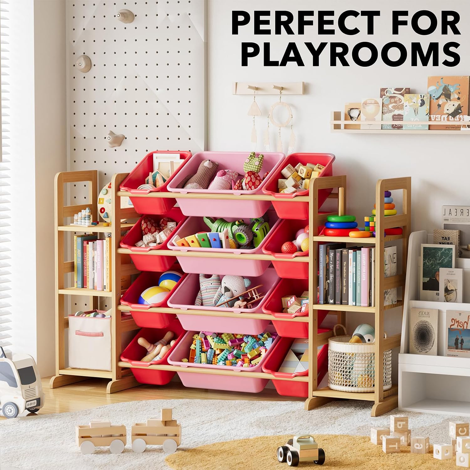 SpaceAid Toy Storage Organizer with 6 Shelves and 12 Bins, Toy Organizers Storage Bookshelf, Kids Bin Shelf Toys Box Bookcase for Bedroom Playroom Organization Room Decor, Red and Pink - NestledHome