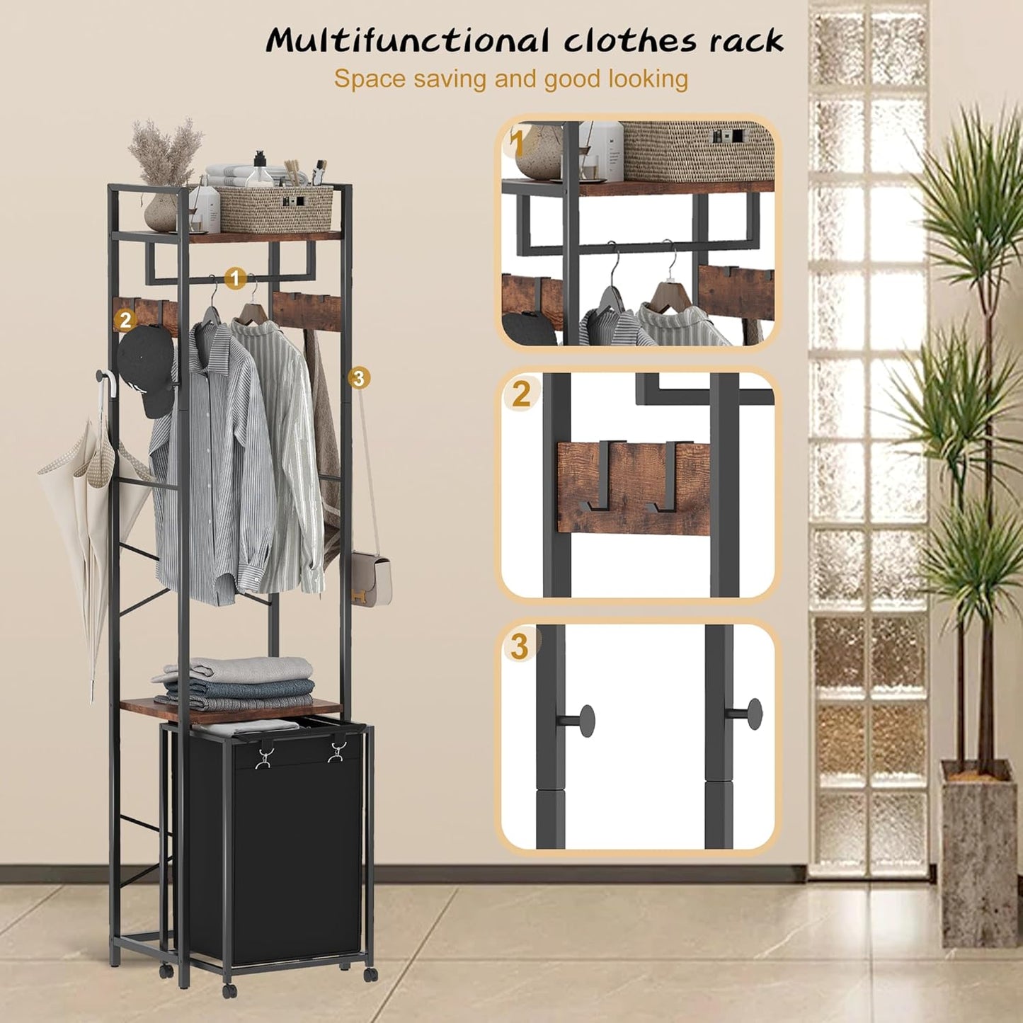 Coat Rack with Laundry Basket, Laundry Hamper Freestanding Hall Tree, Clothes Rack with Storage Shelves, 14.5 Gal Removable Bags on Wheels, Black and Brown JLH005SR - NestledHome
