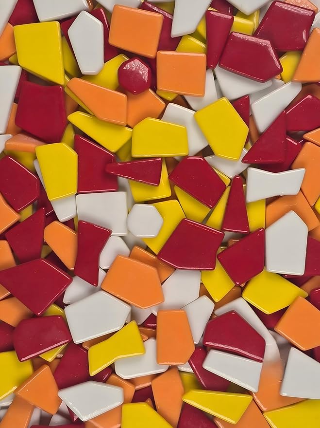 Irregular Glass Mosaic Tiles Bulk 500g Glossy and Iridescent Mosaic Glass Tiles for DIY Projects and Arts and Crafts Solid Colors and Mixes (Glossy Red, Orange & Yellow Mix)