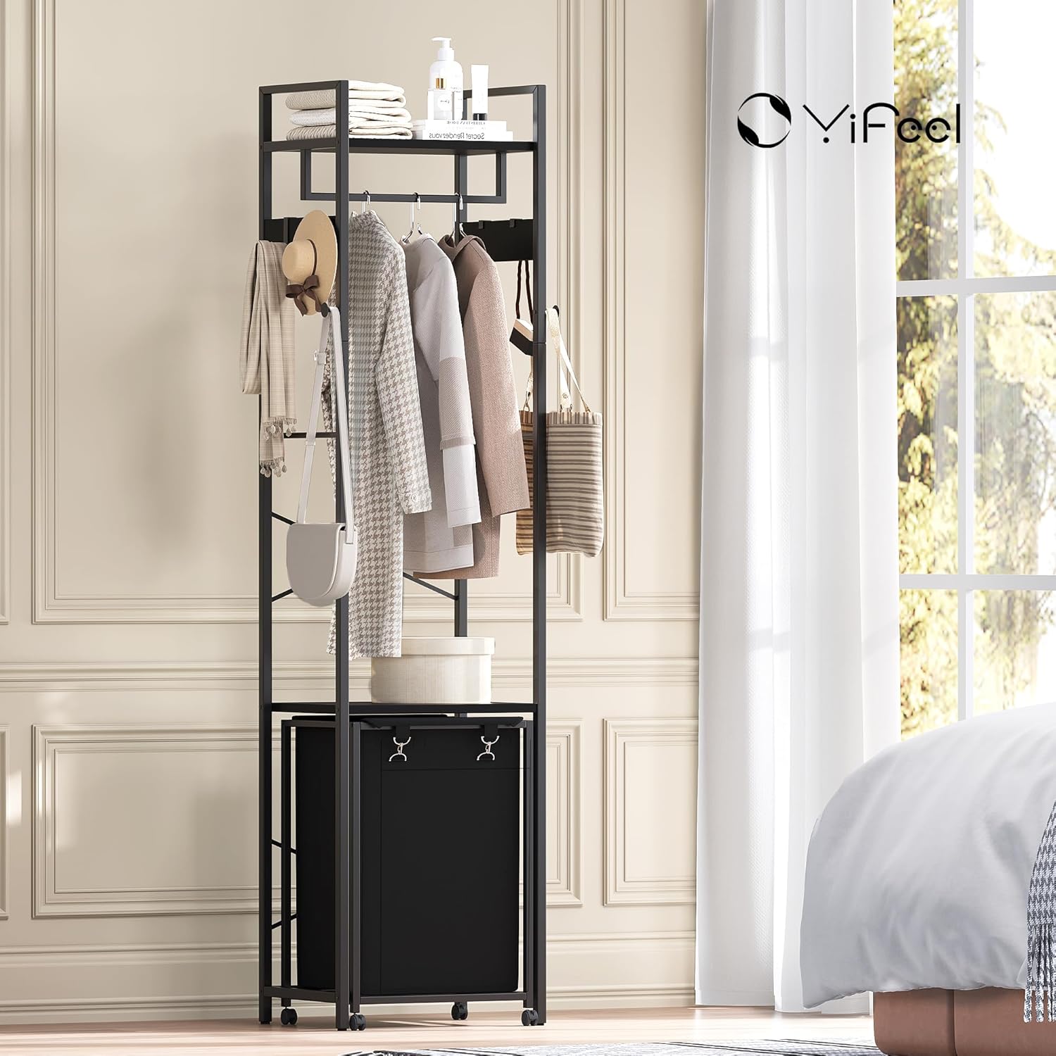 Coat Rack with Laundry Basket, Laundry Hamper Freestanding Hall Tree, Clothes Rack with Storage Shelves, 14.5 Gal Removable Bags on Wheels, Black JLH005B - NestledHome