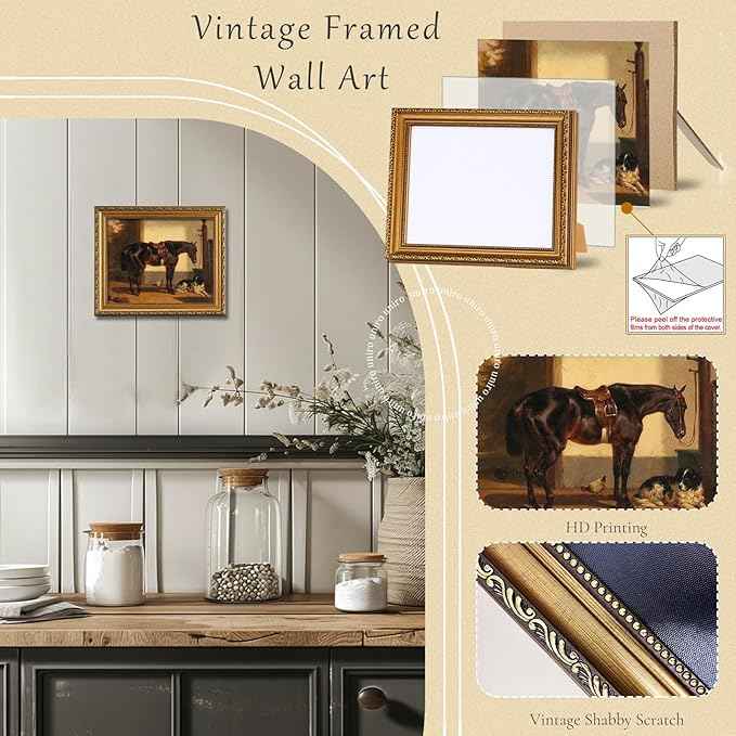 uniro Vintage Gold Framed Wall Art for Home Decor, Farmhouse Wall Decor Horse Canvas Artwork, Antique Animal Farm Poster Equestrian Wall Art for Nursery Wall Decor, Rustic Horse Aesthetic Picture for Bathroom, Living Room, Desktop decor - 8x10Inch