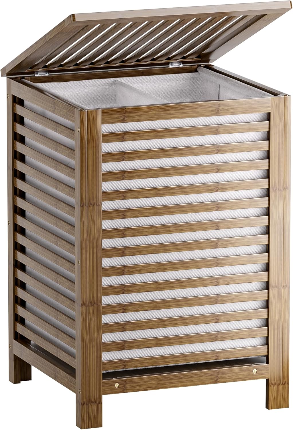 SMIBUY Double Laundry Hamper with Lid, 120L Bamboo Laundry Basket with Removable Liner Bag, 2-Section Clothes Divider Laundry Sorter for Laundry Room, Bathroom, Bedroom (Walnut) - NestledHome
