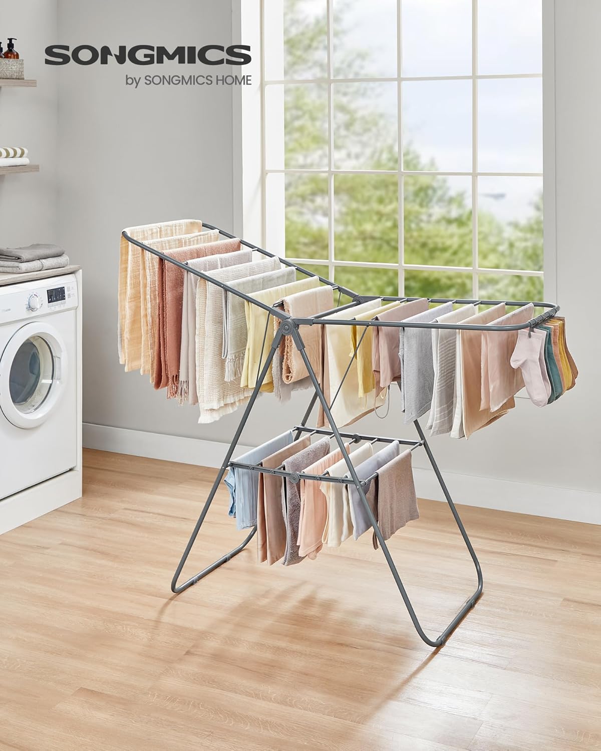 SONGMICS Clothes Drying Rack, with Sock Clips, Metal Laundry Rack, Foldable, Space-Saving, Free-Standing Airer, with 2 Height-Adjustable Gullwings, Indoor Outdoor Use, Gray ULLR052G01 - NestledHome