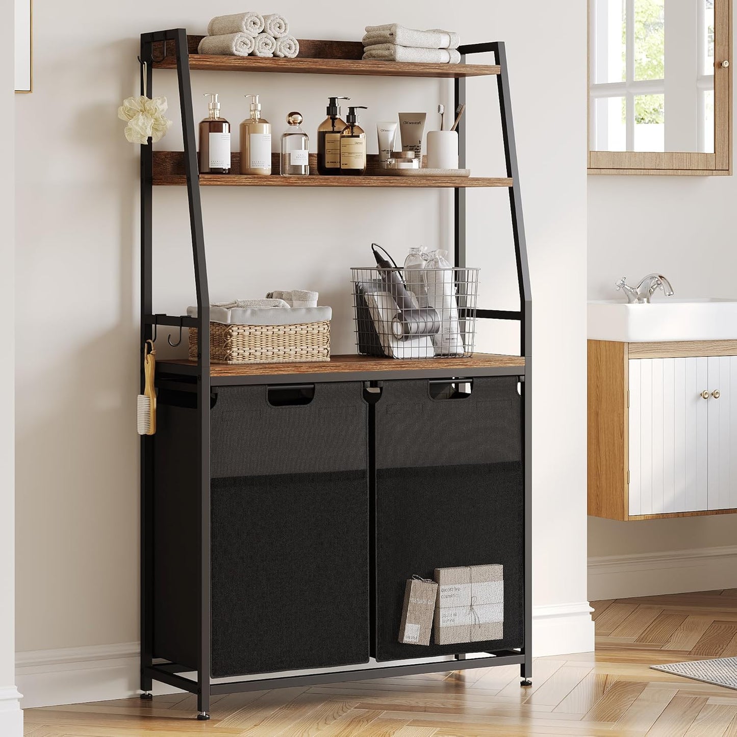 Lulive Double Laundry Hamper with Shelf, Laundry Basket with 3 Tier Storage Shelves & 4 Removable Hooks, Tall Laundry Sorter Clothes Hamper with Pull-Out Bags for Bathroom, Laundry Room - NestledHome