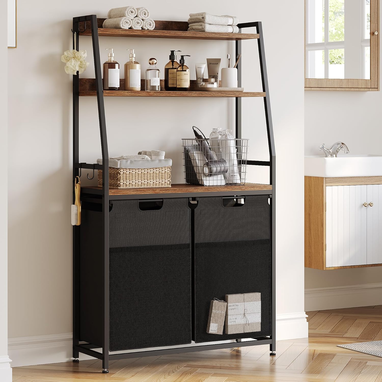 Lulive Double Laundry Hamper with Shelf, Laundry Basket with 3 Tier Storage Shelves & 4 Removable Hooks, Tall Laundry Sorter Clothes Hamper with Pull-Out Bags for Bathroom, Laundry Room - NestledHome