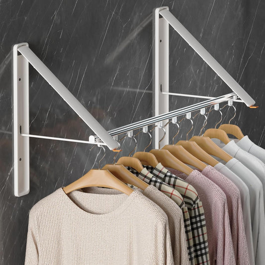 Dr.DJ Clothes Drying Rack with Rod, Wall-Mounted Retractable & Foldable Clothes Hanger for Laundry Room Organization and Storage, Metal Clothes Hanger Rack for Dorm, Closet, Balcony 2Rack,1Rod White - NestledHome