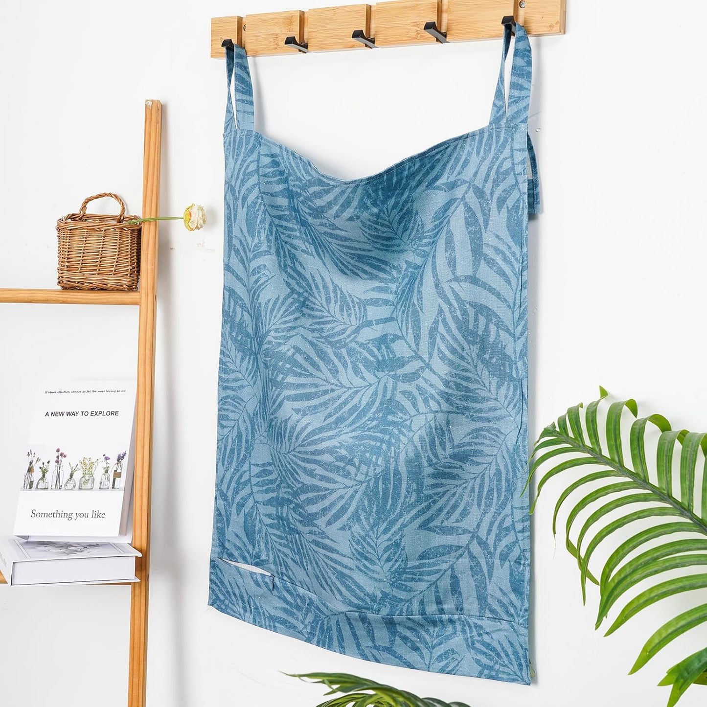 Linen Hanging Laundry Bag, 100% Linen Leaf Print Over The Door Laundry Hamper with Buttons and Zipper, Space Saving Door Hampers for Laundry Dirty Clothes Home Travel, Blue, 19.7x27.5inches - NestledHome