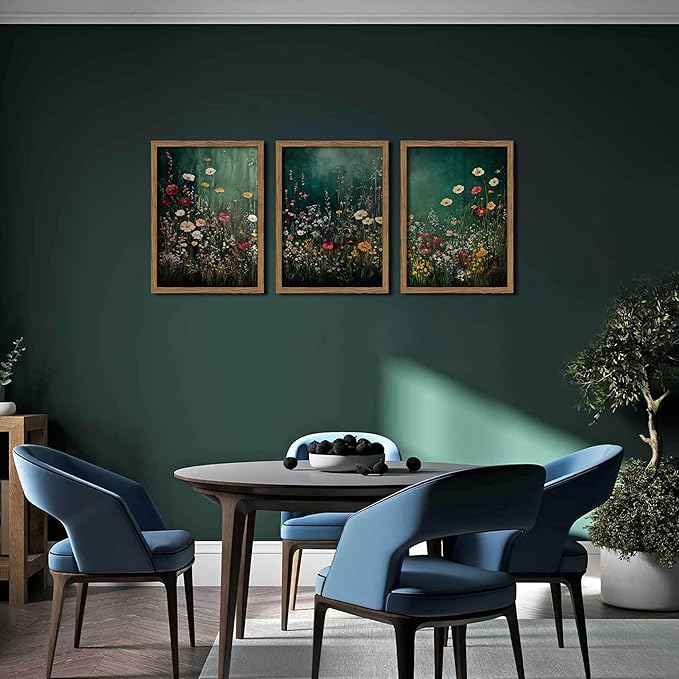 Vintage Wildflower Wall Art Set of 3, Moody Dark Green Flower Botanical Wall Decor Paintings,Nature Floral Farmhouse Landscape Posters Prints Pictures for Living Room Bedroom 16x24 Inch Wood Framed