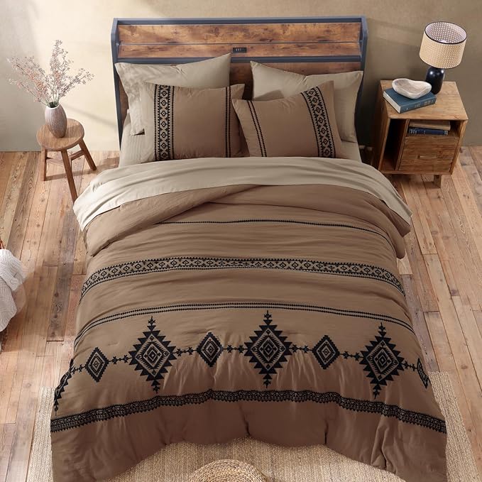 MaiRêve Embroidery Comforter Set, Boho Farmhouse Western Bedding Set, All Season Bed in A Bag Comforter Set with Sheets, Pillowcases & Shams, Brown Queen 7 Pieces