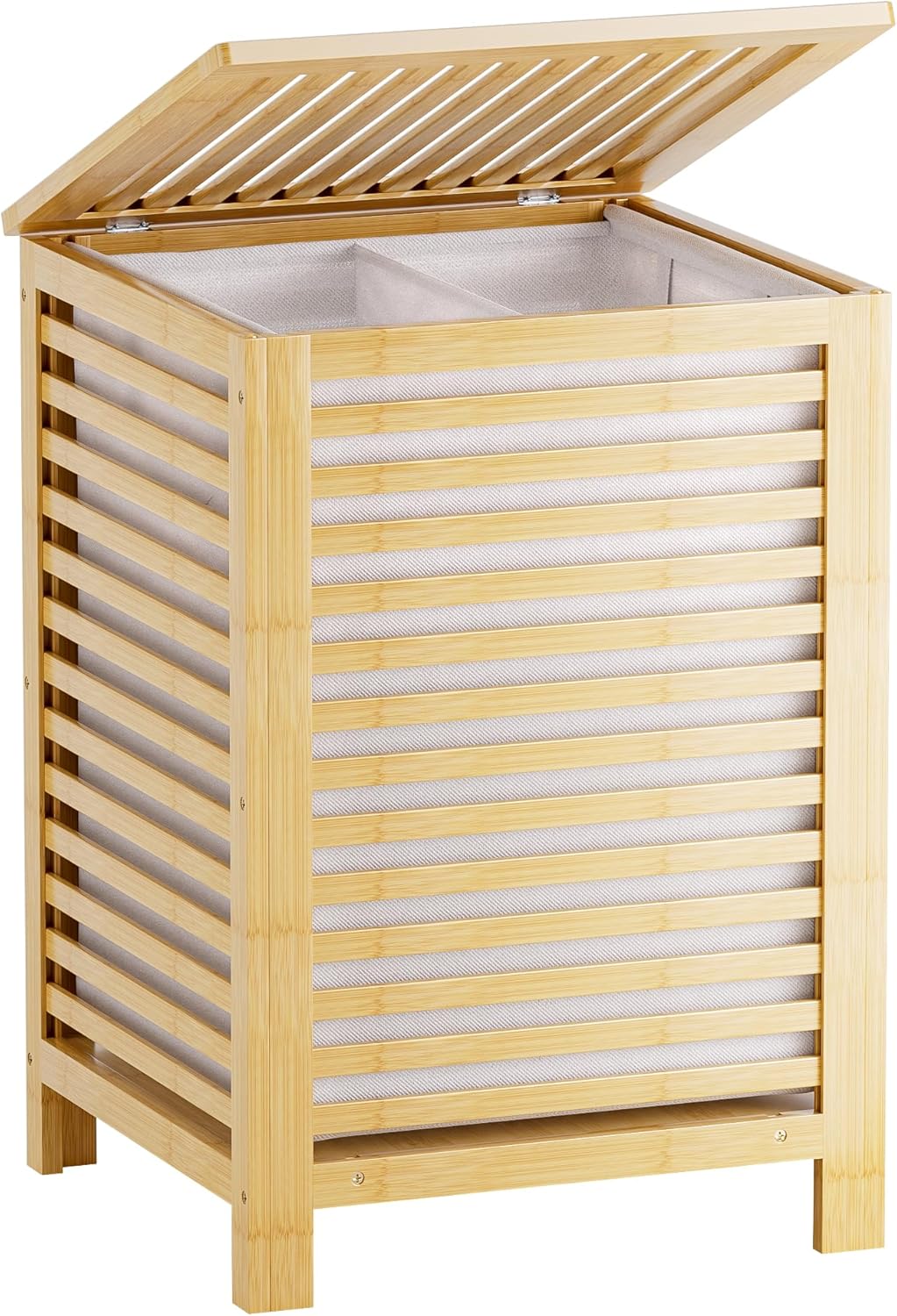 SMIBUY Double Laundry Hamper with Lid, 120L Bamboo Laundry Basket with Removable Liner Bag, 2-Section Clothes Divider Laundry Sorter for Laundry Room, Bathroom, Bedroom (Natural) - NestledHome