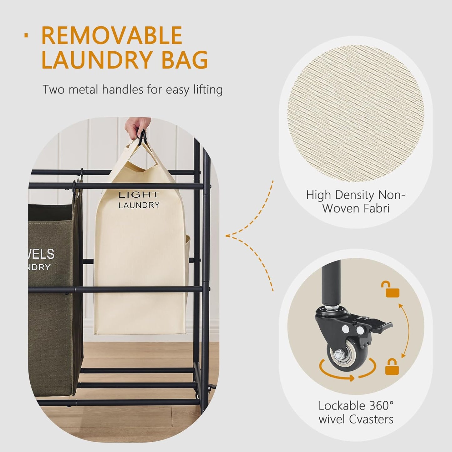 Laundry Sorter 3 Section,Laundry Hamper Cart with Hanging Rack & Removable Bags,Heavy Duty Laundry Basket Organizer with Wheels & 2 Tier Shelf,3 Colors - NestledHome