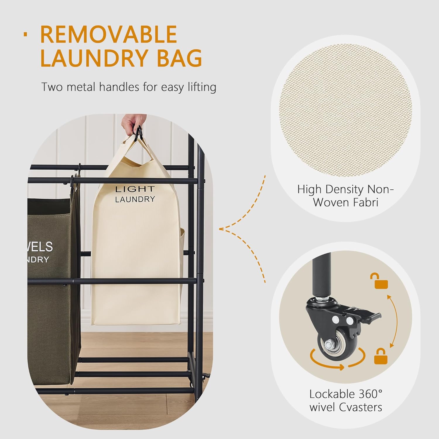 Laundry Sorter 3 Section,Laundry Hamper Cart with Hanging Rack & Removable Bags,Heavy Duty Laundry Basket Organizer with Wheels & 2 Tier Shelf,3 Colors - NestledHome