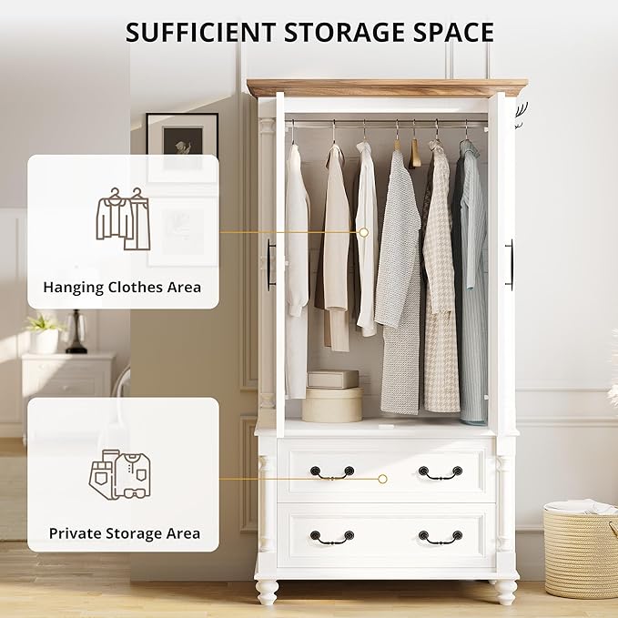 LIKIMIO Farmhouse Armoire Wardrobe Closet with 2 Doors and 2 Drawers, 70" H x 36" W, Large Bedroom Armoire with Roman Column and 3 Hanging Hooks, Wooden Freestanding Closet Cabinet, White