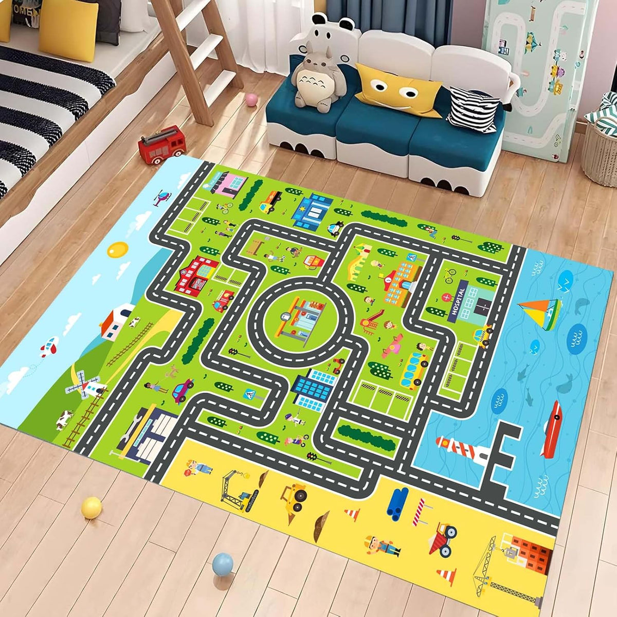 Kids Rug Playroom Car Rug Play Mat City Life Road Rugs Fun City Map for Kids Toy Cars Carpet for Bedroom Boys (Green-Rug, 6.6x9.8ft) - NestledHome