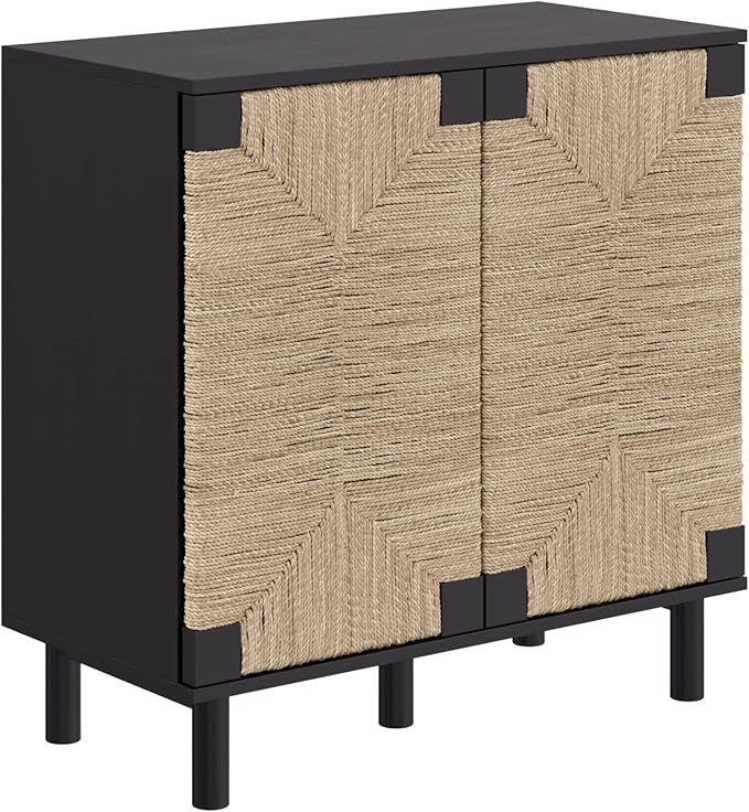Nathan James Beacon Accent Natural Sideboard Storage Cabinet TV Stand in Wire-Brushed Wood with Adjustable Interior Shelf and Seagrass Doors, for Hallway, Entryway or Dining Room, Black, Set of 3