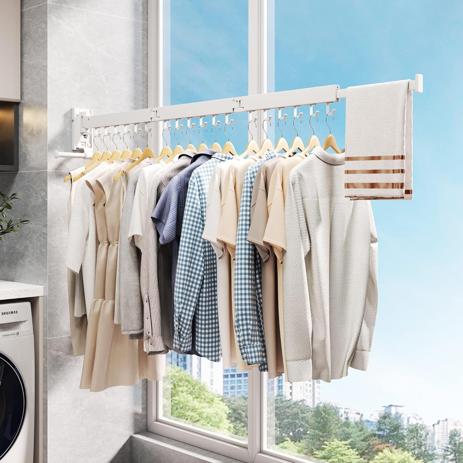 Clothes Drying Rack,Laundry Drying Rack Wall Mount, Wall Mounted Clothes Rack,Retractable,Collapsible(Tri-Fold),Drying Rack Clothing,can Fold Upward & Left & Right,Space Saver, White Color - NestledHome